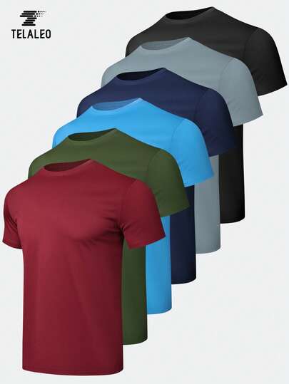 TELALEO 6pcs/Set Solid Color Casual Sports Men's Short Sleeve Crew Neck Fitness T-Shirts Set, Summer Outdoor, Basic Men's Gym Wear