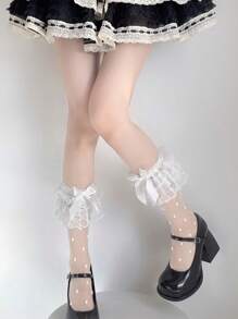 1 Pair Women's Cute Bow, Polka Dot & Lace Trim Mid-Calf Socks, Lightweight For Summer