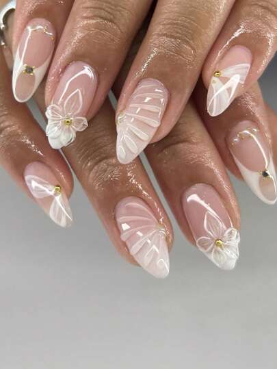 24 件 3D 清新设计花朵指甲按压法式白色按压指甲丝带假指甲短杏仁形假指甲美甲套装包括 1 片粘合片和 1 个迷你锉刀，非常适合日常佩戴美甲用品