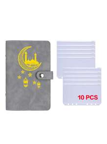 1pc Soft PU Leather Binder Notebook With Cash Budget Loose-Leaf Organizer, Printed With Lucky Patterns Like Star, Moon, Lantern, With 10 Zipper Pockets,Back To School,School Supplies