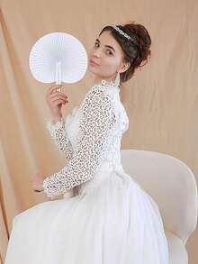 Set de 1/12/24/36/48 piezas de abanicos plegables de papel con forma de corazón, abanicos de papel plegables blancos para ceremonia de boda y eventos - Blanco - Ver 3