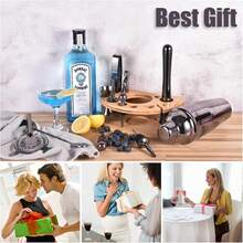 Kit With Stylish Bamboo Stand, 12 Piece 25oz Cocktail Shaker Set For Mixed Drink, Professional Stainless Steel Bar Tool Set, Gift For Man Dad - Cocktail Recipes Booklet (Grey) - Gray_ - View 6