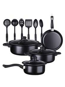 Juego de ollas y sartenes antiadherentes, set de utensilios de cocina de 13 piezas, incluye cacerolas, sartenes y accesorios, revestimiento resistente, distribución uniforme de calor, fácil de limpiar, adecuado para todo tipo de estufas - Negro - Ver 4