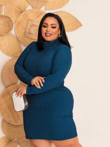 Women's Plus Size Dress Long Sleeve High Neck Elegant Premium Ribbed Fabric - Teal Blue - View 3