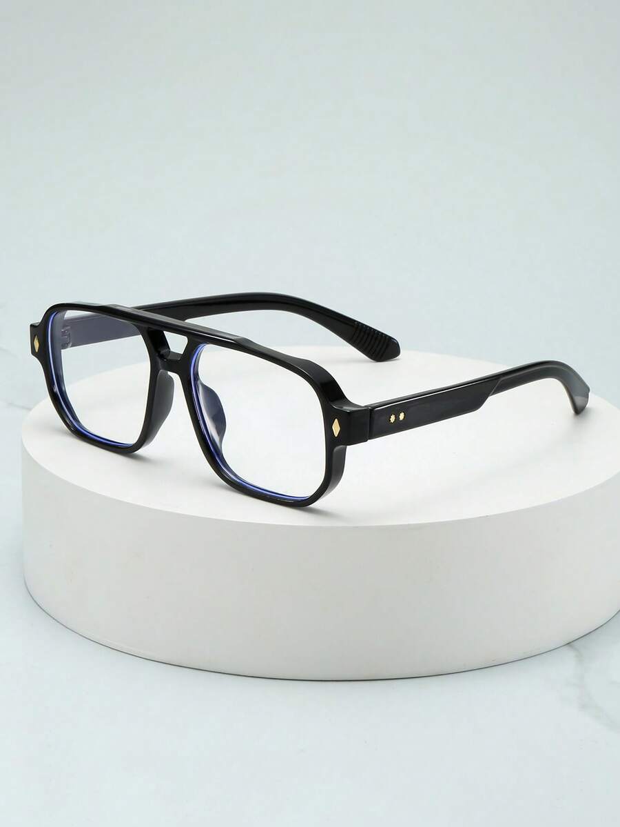 1 Pair Men's Double Bridge Oval Frame Glasses With Transparent Lenses, Minimalist & Fashionable (Suitable For TV Watching, Phone Calls, Office Use) - Black Frame Plain Mirror - View 1