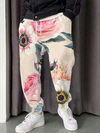 2025 经典 3D 印花运动裤，时尚休闲宽松高腰抽绳长裤，带有彩色花卉图案，适合秋冬街头服饰