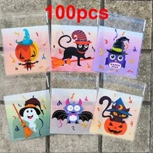 100 Stücke Halloween selbstklebende Geschenktüten mit Kürbis-, Geister-, Schwarzkatzen-, Fledermaus- und Eulenmotiven, Verpackung für Partygiveaways, einfach zu versiegeln, glatte Ränder, reißfest, geeignet für Partys, Feiertage, Geburtstaggeschenke, Überraschungen, Kartenspeicherung, Schmuckorganisation, Halloween-Souvenirs