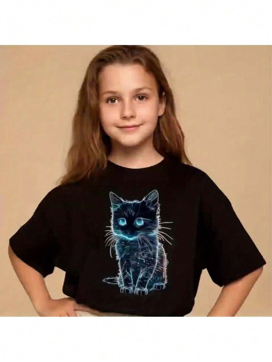 1pcs-glow-in-the-dark-cat-print-girls-t-shirt-soft-breathable