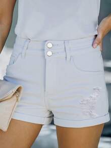 American Style Skinny Commuter Frayed Hem Stretchy Mid-Waist Women's Denim Shorts Women's Casual Shorts - White - View 5