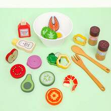 木制水果蔬菜沙拉过家家玩具，早教益智积木模型，逼真的厨房装饰玩具，适合男孩女孩