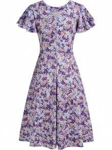 Women's Semi-Formal Ruffle Sleeve V-Back Work Fit And Flare Cocktail Knee Length Dress With Pockets, 2025 Style - Purple Floral - 查看 4