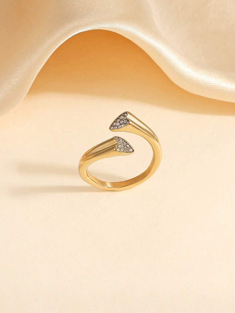 1 件不锈钢时尚闪亮心形戒指，镶嵌小钻石，多种尺寸可选，适合女性日常佩戴或作为礼物 - 金黃色 - 查看 1