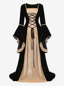 Women's Renaissance Costume  Medieval Dress Velvet Queen Dresses Victorian Vintage Halloween Cosplay - màu đen - Xem 2