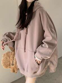 新款时尚粗绳连帽宽松休闲卫衣，秋冬 - 粉色 - 查看 3