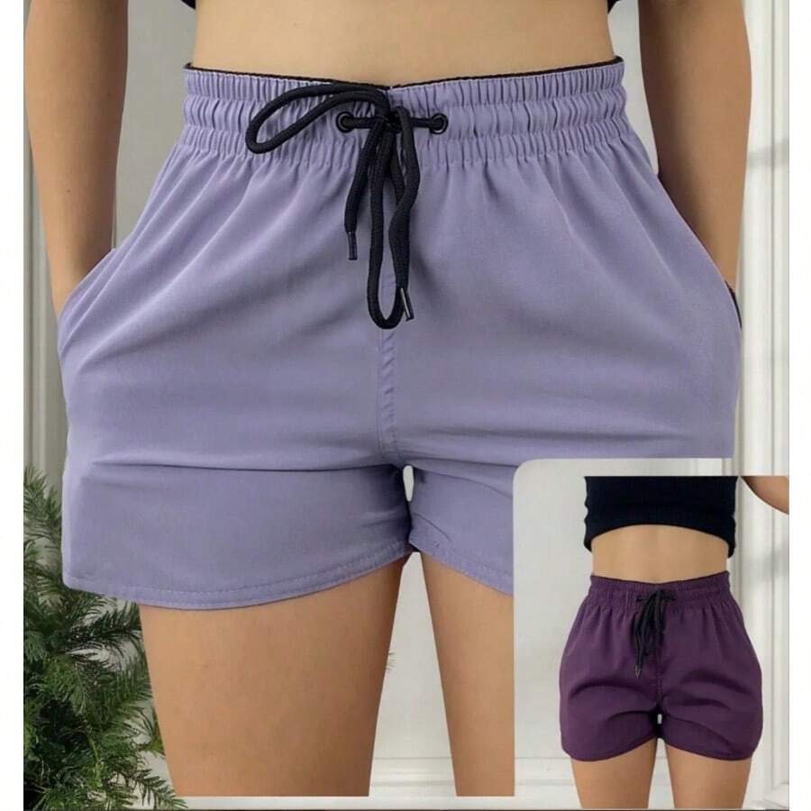 Kit 2 Women's Tactel Elastane Beach Training Shorts With Bag - Purple - View 1