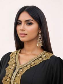 1 Pair Multilayered Earrings For Women, With Hollow Carving And Tassel Pendant Decor, Moroccan Jewelry Accessories