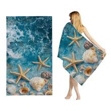 1 件海龟图案印花沙滩巾，超细纤维制成，矩形沙滩巾，披肩，沙滩垫，浴室毛巾 - 海藍色 - 查看 3