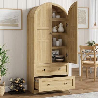 72" Tall Arched Kitchen Pantry Cabinet, Wood Kitchens Storage Cabinets With 2 Large Drawers And Adjustable Shelves, Farmhouse Wood Pantry Storage Cabinet With 2 Large Drawers, Modern Farmhouse Versatile Cupboard Glass/Wood Door, Freestanding Versatile Pantry Cabinets For Dining, Living Room