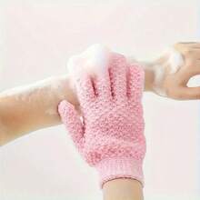 2 Pieces Set Of Exfoliating Bath Gloves, Double-Sided Exfoliating Gloves, Thickened Five-Finger Solid Color Mud Bath Brush, Painless Dust Removal Brush For Double-Layer Bath, Thickened Five-Finger Washing Tool, Exfoliating Mud Bath Brush, For Hydrotherapy, Massage And Body Scrub, Body Washer Bath Accessories Back To School - Pink - View 6