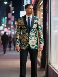 Men's Suit Floral Jacquard Shawl Lapel Tuxedo 2-Piece Set - Formal Blazer & Dress Pants For Wedding, Prom, Party - Green - View 2