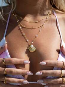 Set de 3 collares elegantes de estilo de moda para vacaciones en la playa con colgantes de estrella de mar, concha, perla falsa y rhinestone, juegos de collares de encanto de metal brillante para fiestas, regalos y uso diario