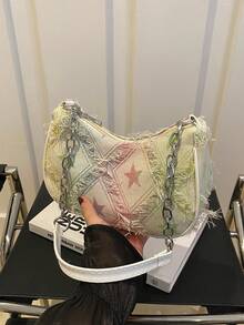 装饰纽扣细节，拼接，链条肩带单肩包，女士装饰纽扣单肩包，街头潮流流浪汉风格包，适合购物、约会、送给女性的礼物，适合青少年、大学生、工作、商务、通勤