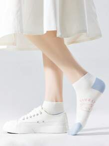 5 Pares (Estilos Aleatórios) Meias Curtas Estilo Japonês para Mulheres, Verão Boca Rasa Listrada Retalhos Urso Corte Baixo Respirável Alto Meias Fofas