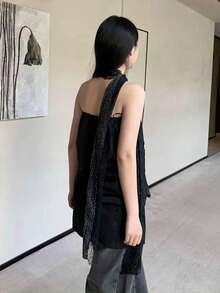 1 chiếc khăn quàng cổ dài buộc dây ren chấm bi đen, băng đô mùa hè nhỏ gọn, khăn lụa dài chấm bi ren cổ điển, khăn quàng cổ thời trang xuân/hè dành cho nữ, kiểu buộc dây trang trí mềm mại, phù hợp với váy. - màu đen - Xem 3