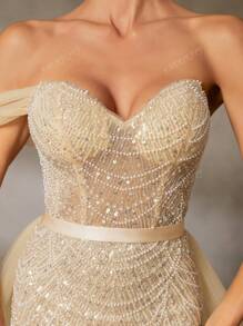 Luxury Off-Shoulder Beaded Mermaid Evening Gown With Tulle Cape Sleeves & Fishtail Train - Structured Sweetheart Bodice, Sequin-Embellished Hem - For Red Carpet Galas, Black-Tie Weddings, Opera Premieres, Charity Balls, Luxury Dinner Events