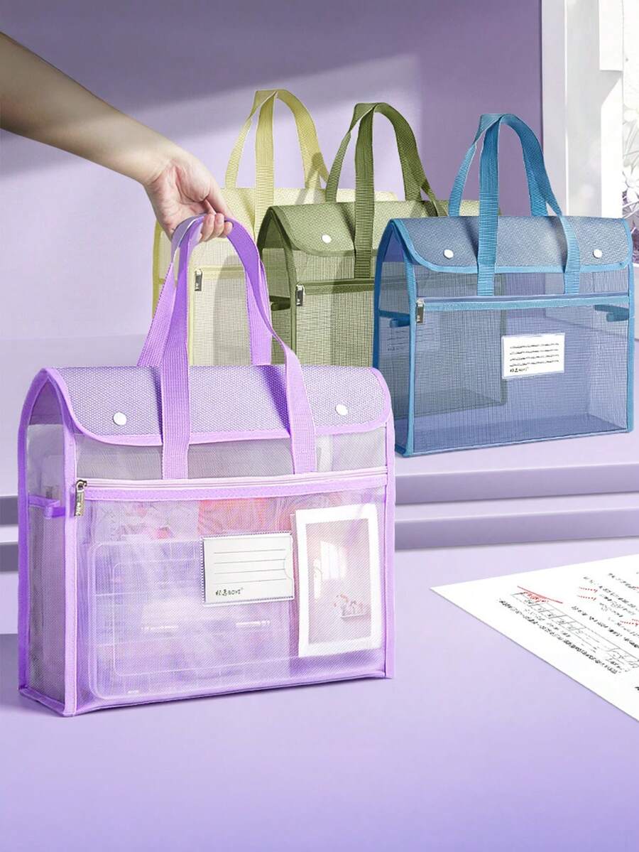 1pc Flip Cover Transparent Mesh Storage Bag, Large Capacity Document Bag With Stylish & Thick Mesh Material, Suitable For Students Exam And Back To School