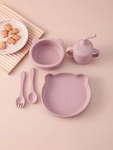 PopLittleOne 5PCS Silicone Baby Tableware Sets Solid Color Utensils Portable Sippy Cup Cartoon Bear Shape Plate Bowl Feeding Sets For Baby - Multicolor - View 14