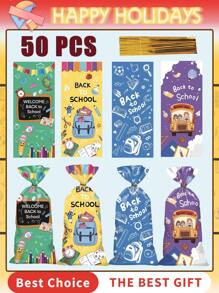 100/50 Stücke transparente Cellophan Süßigkeiten Geschenktüten, im Großpackung, mit Twist Verschlüssen, geeignet für Einschulungsparty Dekorationen, Willkommen zurück zur Schulbus Geburtstags Party Gastgeschenke