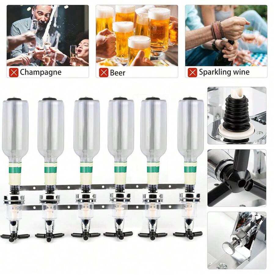 Wall-Mounted Bottle Rack And Dispenser, 1.5 Oz Bottle Dispenser, Wall-Mounted Bottle Rack, Dispenser, Aluminum Bar Butler For 6 Bottles, Wall-Mounted Drink Holder, Wine Bottle And Alcohol Beverage Dispenser For Party Bars, Suitable For Cocktail, Bar, And Catering Businesses (Wall-Mounted, Suitable For Bottles Of Different Sizes) - Silver - View 1