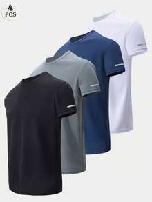 4pcs/Set Men's Short Sleeve T-Shirts, Summer Casual Loose Round Neck Base Layer Top, Quick Dry Sports Running Shirts