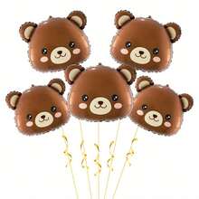 Set 5 Balon Foil Aluminium Kepala Beruang Gaya Q, Balon Mengapung Tiup Bertema Beruang untuk Pesta Ulang Tahun dan Tahun Baru - Coklat - View 1