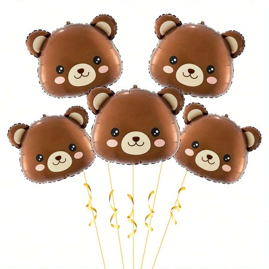 Set 5 Balon Foil Aluminium Kepala Beruang Gaya Q, Balon Mengapung Tiup Bertema Beruang untuk Pesta Ulang Tahun dan Tahun Baru - Coklat - View 1