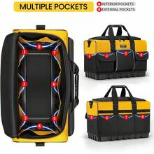 Bolsa de herramientas de apertura ancha, bolsa de herramientas de electricista muy resistente, organizador de almacenamiento de herramientas con base rígida impermeable, amarillo/negro, 45,7 - 20 pulgadas (50 cm) - Ver 4