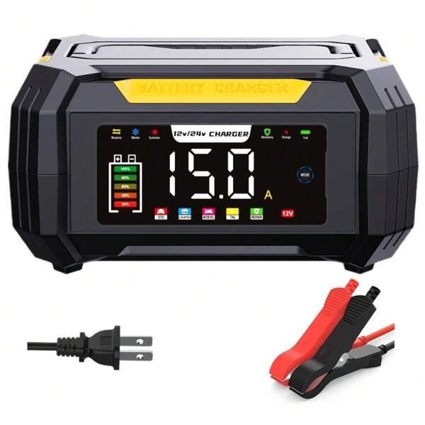 RJTianye 12V15A 24V8A 2Ah-200Ah Intelligentes Batterieladegerät, Autobatterie Erhalter mit Temperaturkompensation, Entschwefelungsgerät