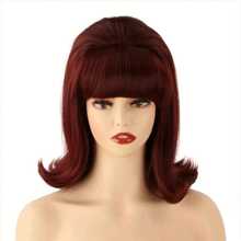 Peluca negra sintética resistente al calor de 14" para mujeres con flequillo plano y ondas rizadas, con gorro de red de rosa y accesorio de disfraz elegante para cosplay, vacaciones, festivales de música, estilo de peinado de 1940, cómodo ajuste del gorro, accesorios para pelucas