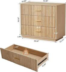 Fluted 6 Drawer Double Dresser For Bedroom, 47" Wide Modern Closet Dressers Chest Of Drawers, Wood Storage Dresser Organizer For Nursery Bedroom Living Room Hallway Closet, Walnut - 31.5吋寬三抽屜梳妝台(原木色) - 查看 3