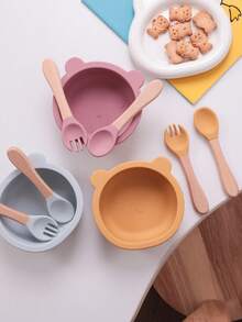 PopLittleOne 3PCS Baby Silicone Dinner Set Bear Shape Suction Bowl Wooden Handle Spoon Fork Training Learning Baby Stuff Non-Slip Baby Tableware - Multicolor - View 5