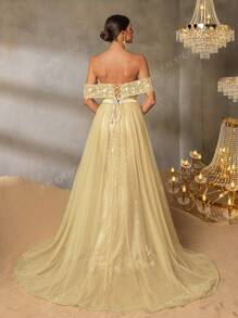 Faeriesty Faeriesty Elegant Off-Shoulder Evening Gown With Adjustable Back Tie Closure, Sheer Tulle Extensions & Dramatic Mermaid Silhouette - Perfect For Red Carpet Galas, Black-Tie Weddings, Opera Performances, Gala Dinners, High-Profile Charity Events