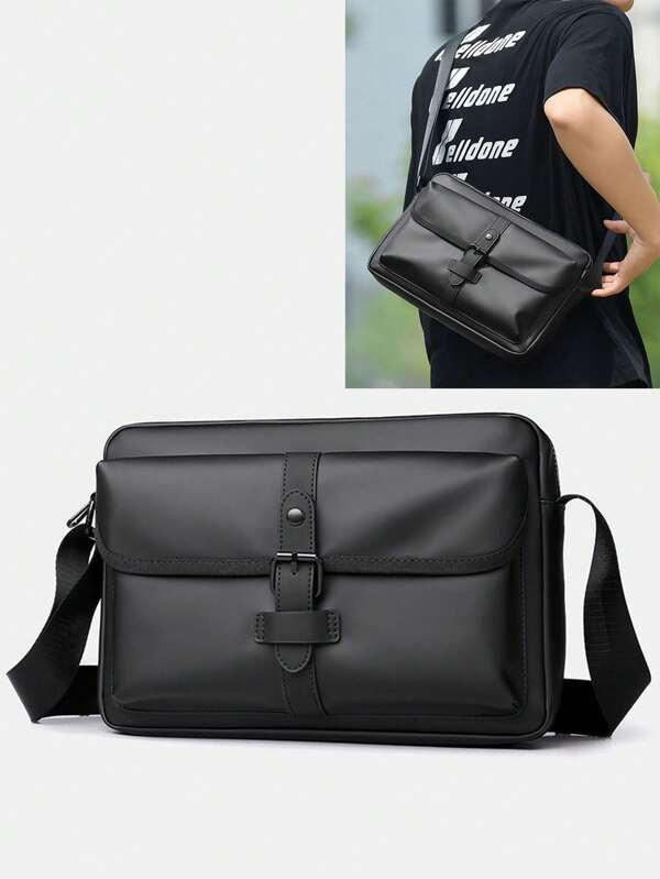 ​​Men's Shoulder Bag - Sleek Rectangle Commuter Bag With Buckle Flap, Rivet Accents - Adjustable Strap, Dedicated Laptop Compartment - Business Casual Slim Crossbody Bag
