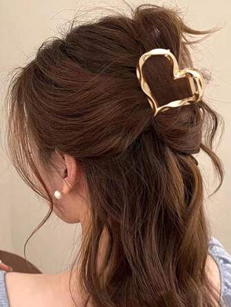 1pc Medium Heart-Shaped Metal Hair Clip - 6 Cm/2.36 In Gold Color Hair Claw, Suitable For Ladies And Thin Hair, Perfect Clamp Grip, Thick Hair Styling, Women Fashion Hair Accessory Hair Accessories Women Claw Clips, Casual Fall Winter For Vacation Outfits Woman