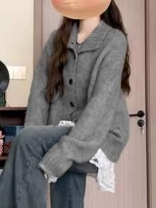 女士灰色翻领针织开衫，休闲宽松长袖毛衣上衣，秋冬 - 灰色 - 查看 2