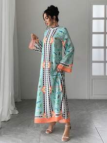 1 pezzo Abito lungo da donna con stampa floreale a blocchi di colore, collo alto, zip sulla schiena, maniche a sbuffo, abito casual comodo e lungo, elegante stile arabo, abito da sera di lusso per l'autunno/inverno - Verde - Visualizzare 5