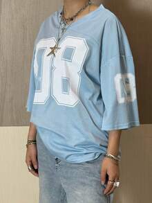 Jersey Shirts For Women Y2k Oversized T Shirt Number Graphic Tees V Neck Half Sleeve Streetwear Tops - 藍色 - 查看 2