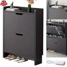 2 Drawer Shoe Rack Shoes Storage Cabinet Wooden Cupboard Organiser Holder Stand - Black - View 3