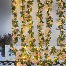 1 pieza 2M/20 LED Guirnalda de rosas rosas artificiales alimentada por batería (no incluida) con luces de cadena de flores de tela y hojas verdes realistas, perfecto para decoración del hogar, Navidad, Año Nuevo, Día de San Valentín y celebraciones de temporada