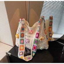 Bohemian Style Large Capacity Tote Bag, Fashion Floral Crochet Handbag, Multicolor Hollow Out Knitted Shoulder Bag, Openwork Floral Crossbody Bag For Women, Suitable For Summer Beach Vacation, Ladies Daily Shopping Bag, Gift For Her
